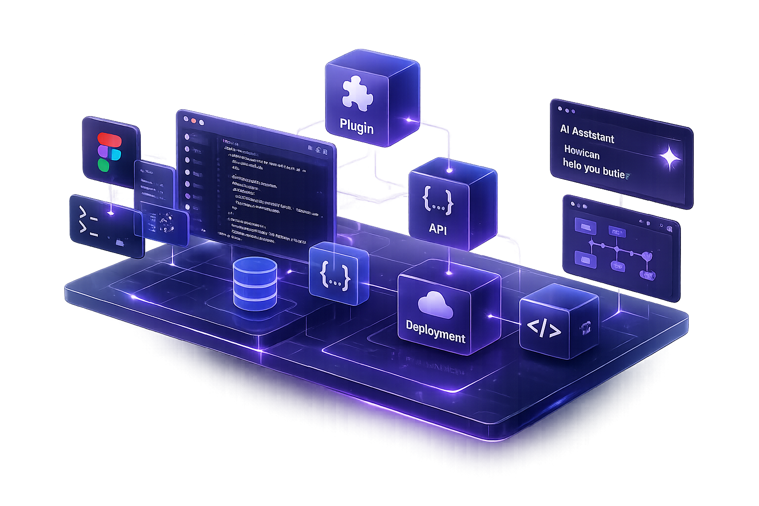 Custom tooling mockup showing plugins, reusable widgets, and productivity tools
